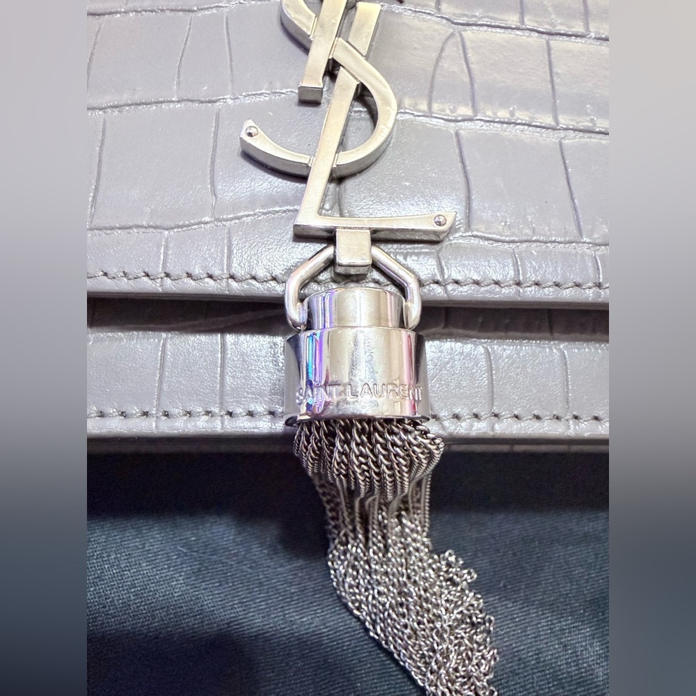 Saint Laurent Silver-Tone Hardware Grey Croc-Embossed Tassel Card Holder